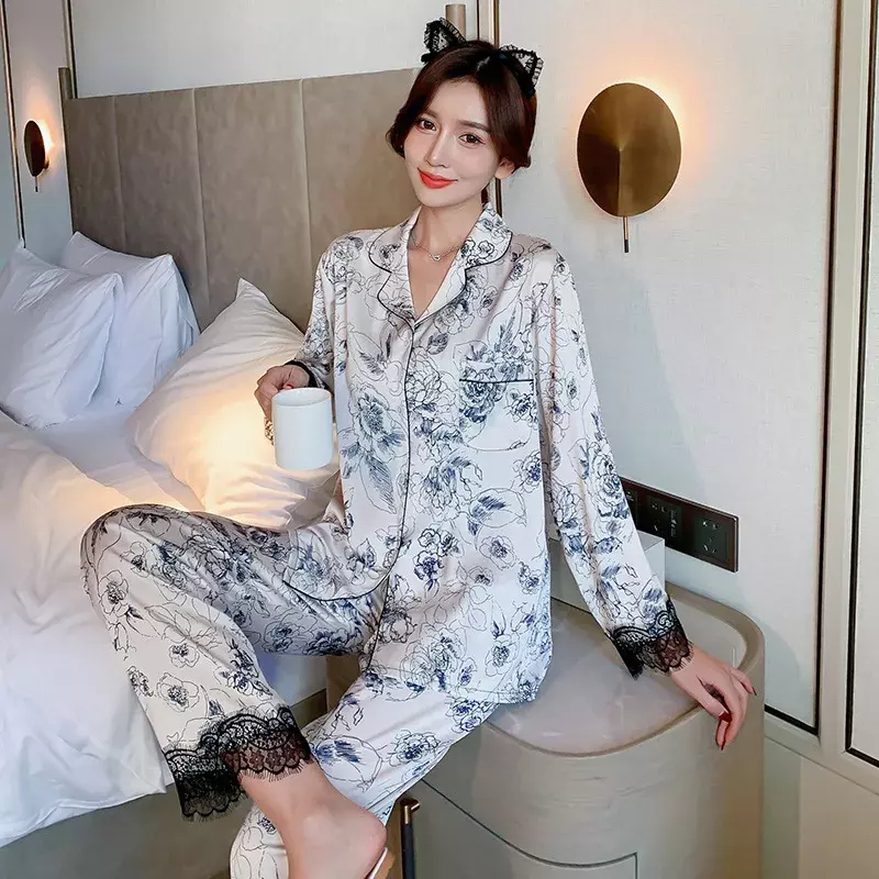 TOP Quality Women's Pajamas Set Floral Ink Sleepwear Silk Like Casual Homewear V Neck Pyjams for women pyjama pour femme
