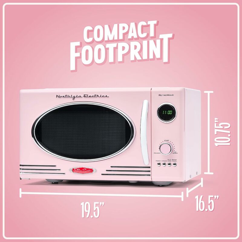Retro Countertop Microwave Oven-Large 800-Watt-0.9 cu ft-Programmed Cooking Settings-Digital Clock-Kitchen Appliances-Pink