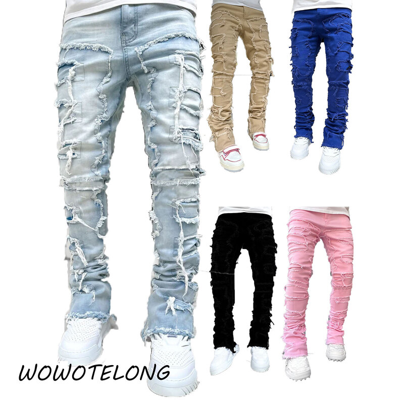 Jeans impilati Regular Fit da uomo strappati Slim Fit Patch Distressed pantaloni dritti in Denim distrutti Hip Hop Streetwear panno per pantaloni