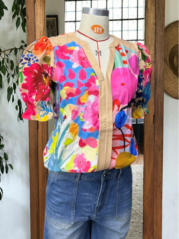 Puff Sleeve Contrast Print Top  Floral Print Short Sleeve Blouses