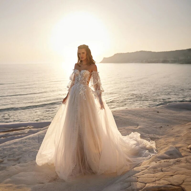 Vestido de novia de tul con manga abullonada desmontable para mujer, vestido de boda sin hombros, apliques florales, corte de línea a, Playa