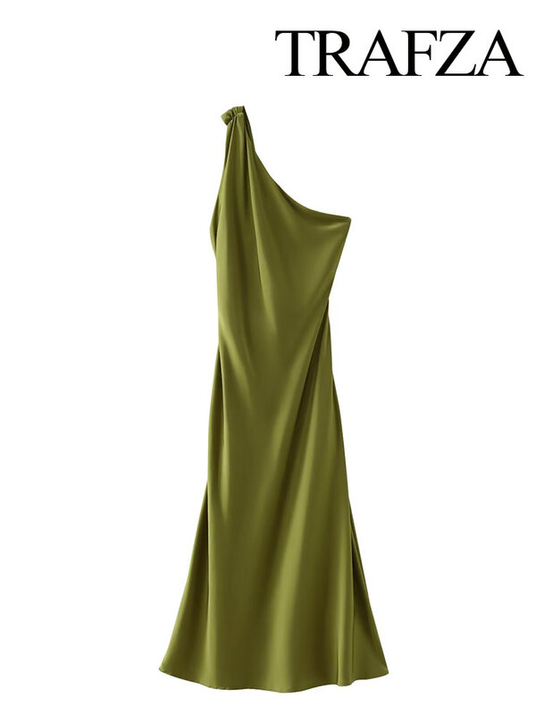 TRAFZA gaun pesta malam wanita, Gaun panjang ritsleting samping punggung terbuka elegan asimetris tanpa lengan Solid