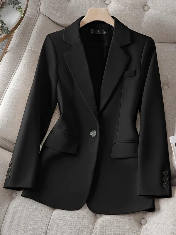 Blazer de manga comprida de botão único feminino, jaqueta reta feminina, roupas de trabalho femininas, preto, rosa, damasco, branco, outono