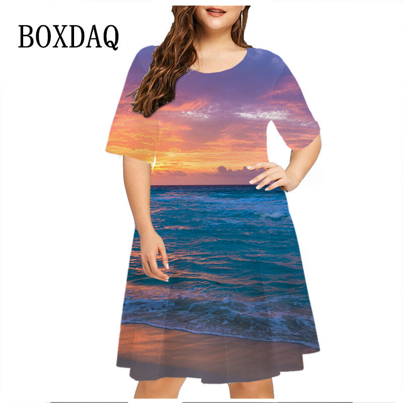 Gaun ukuran besar wanita, gaun kasual lengan pendek bergambar pemandangan pantai pesta musim panas 6XL
