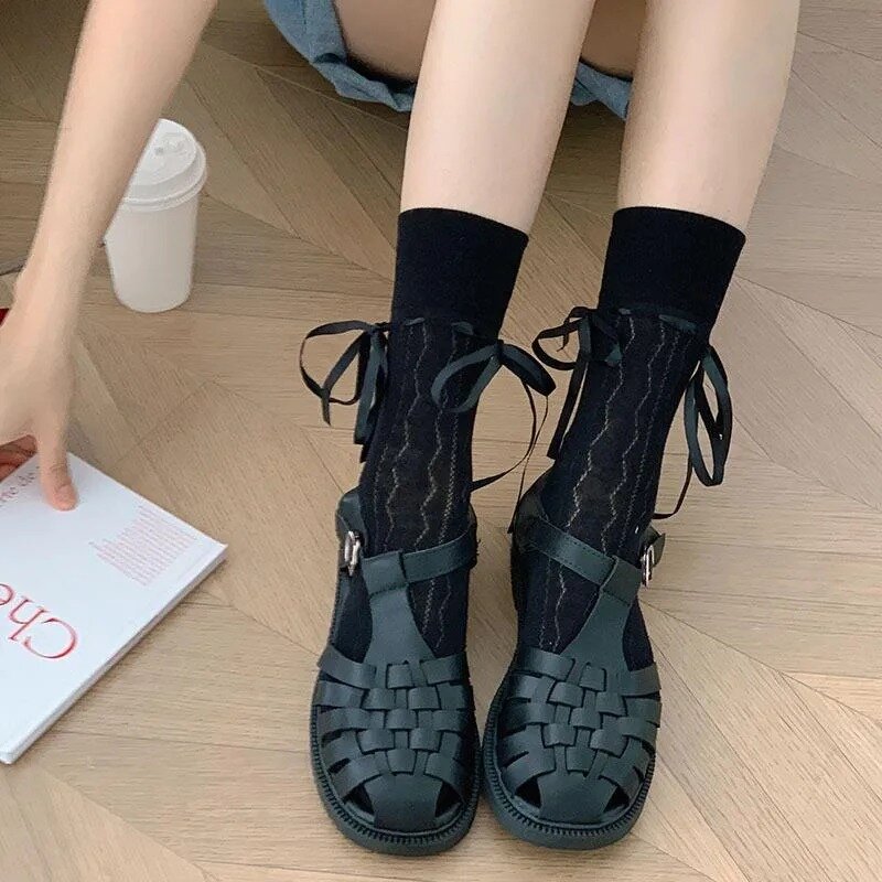 Kaus kaki pita simpul manis untuk anak perempuan, stoking tabung tengah mode wanita gaya Jepang balet JK bersirkulasi udara musim panas berongga