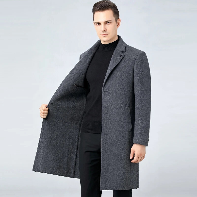 Casaco de caxemira dupla face para homens, casacos de lã até o joelho, 100% roupas de lã, novos outwears, FCY, outono e inverno