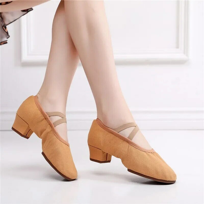 SUN LISA scarpe da ballo dell'insegnante della ragazza della signora delle donne Soft Pointe Ballet Jazz Dance Shoes Canvas Chunky Heel