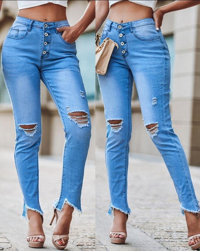 Fashion musim panas Jeans wanita kasual harian kurus Denim Ombre kancing desain saku pinggang tinggi lubang robek celana Denim potongan
