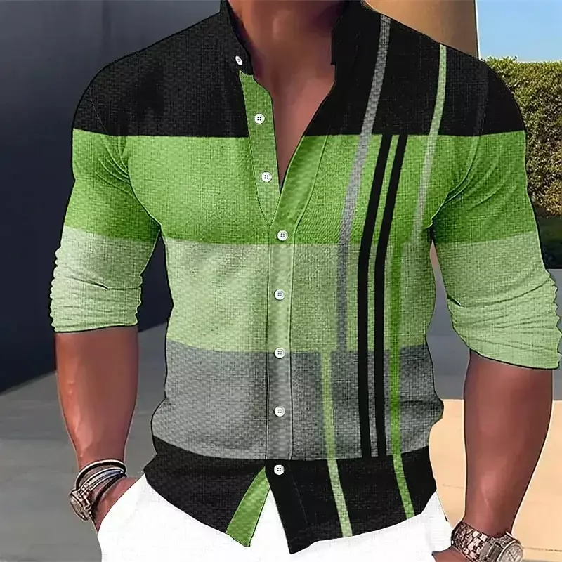 Camisa estampada com estampa listrada masculina, gola com gola, manga comprida, Top Design de botões, Roupa exterior, moda