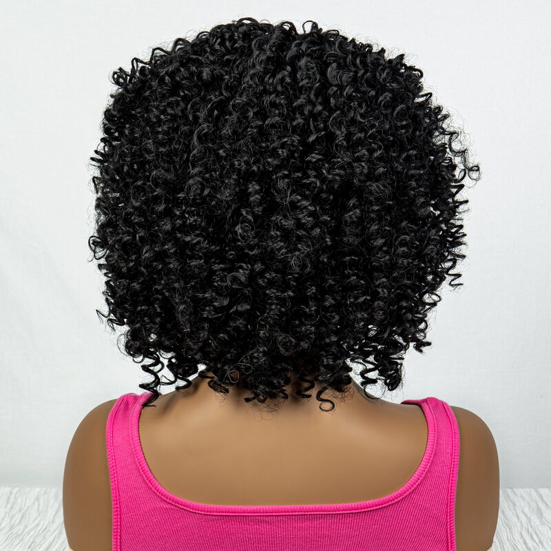 Krótkie włosy peruka z kręconych włosów typu Kinky Afro z grzywką peruki syntetyczne dla czarnych kobiet w wysokiej temperaturze