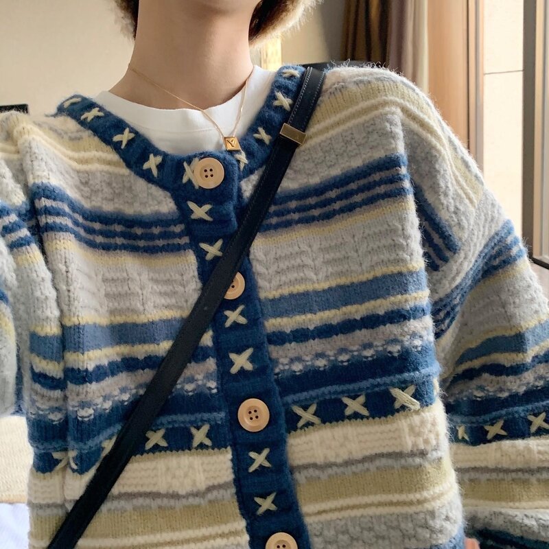 Cárdigan Vintage azul de manga larga para mujer, abrigo de punto informal con cuello en V, ropa de estilo coreano, Otoño, 2023