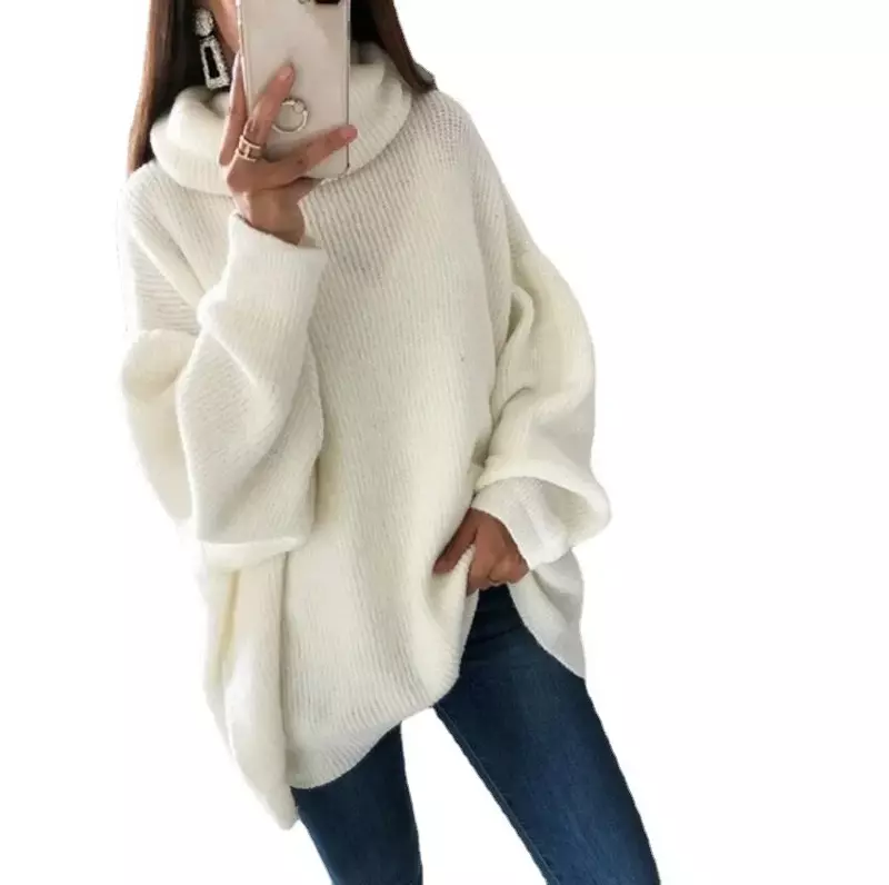 Женский вязаный Однотонный свитер, толстые джемперы с высоким воротником и длинным рукавом, пуловеры, свободный крой, Повседневный свитер с соединением, зима 2023