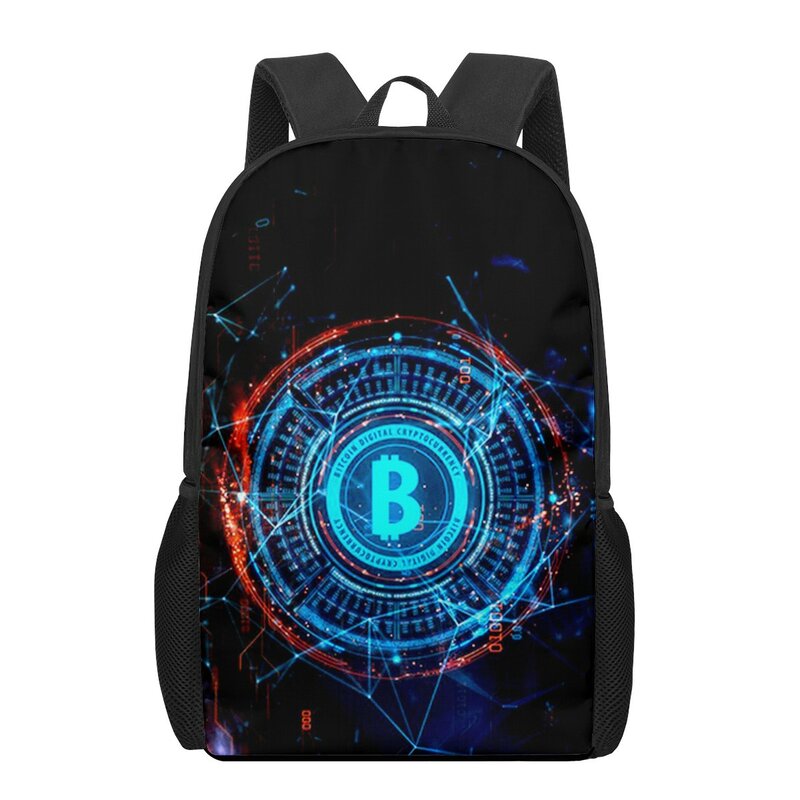 Tas punggung anak laki-laki dan perempuan, ransel sekolah kapasitas besar, tas punggung pelajar, tas sekolah uang uang Bitcoin cetak 16 inci
