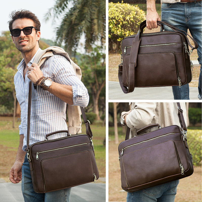 Tas Laptop kulit asli 16 inci untuk pria, tas kurir Bisnis Vintage, tas bahu bisnis, tas tangan kulit asli untuk pria