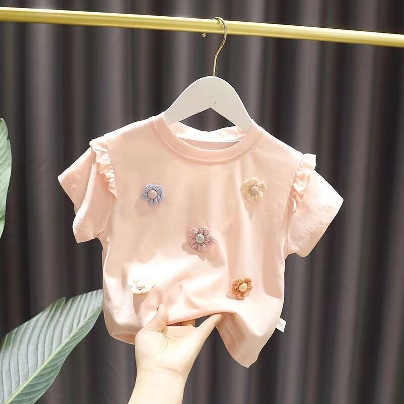 T-shirt de manga curta de renda fofa para meninas, camisa de algodão para bebê, menina infantil, nova, verão, 2024
