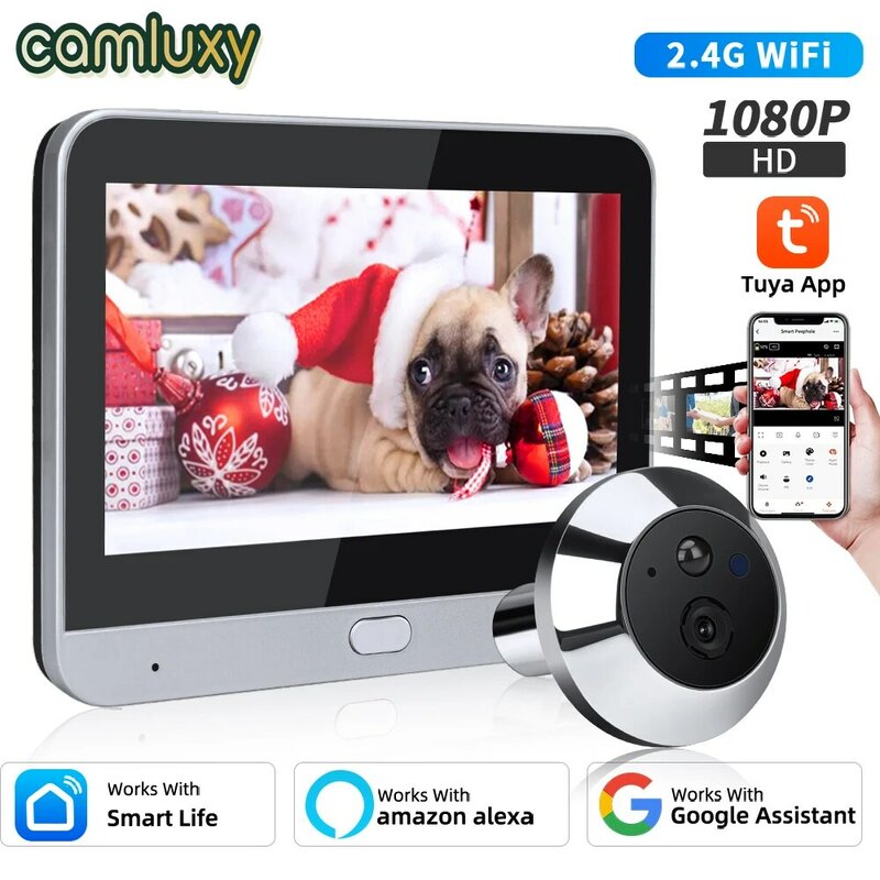 Camluxy-スマートwifiドアカメラ,デジタルドアビューアー,眼レンズ,のぞき穴,ドアベル,5000mAh,pirモーションアラーム,alexa,4.3インチ,1080p