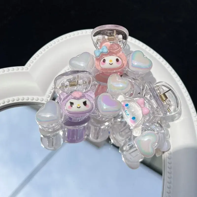 Horquilla de Anime Kawaii Sanrio HelloKitty para niña, lindo Kuromi Cinnamoroll MyMelody, Mini anillo de pelo de acrílico de agarre, regalo al por mayor