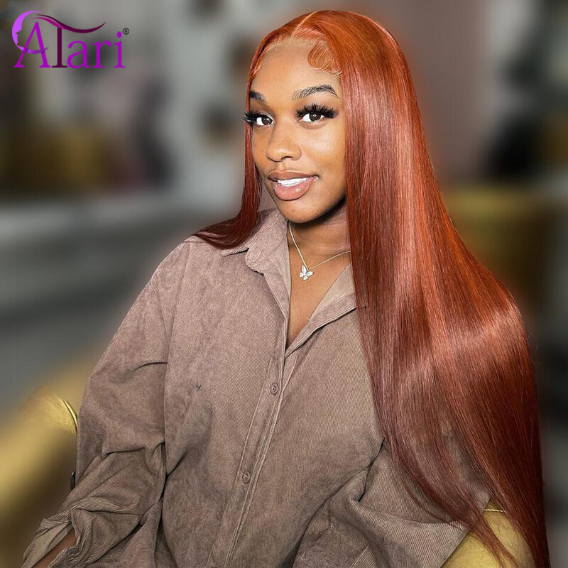 Wig Frontal Renda Transparan 13X4 13X6 Wig Rambut Manusia Lurus Oranye Jahe untuk Wanita Kulit Hitam Sebelum Dipetik Wig Penutupan Renda 5X5