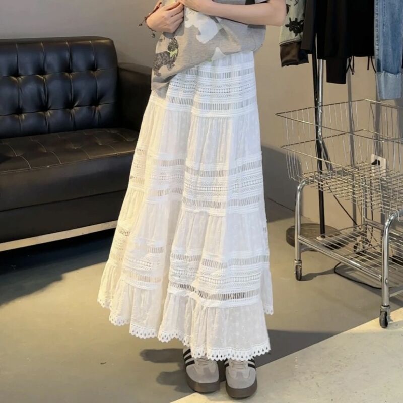 French Style White Hollow Lace Skirts for Women Summer New All Matching High-waist A-line Long Skirt Lady Casual Faldas
