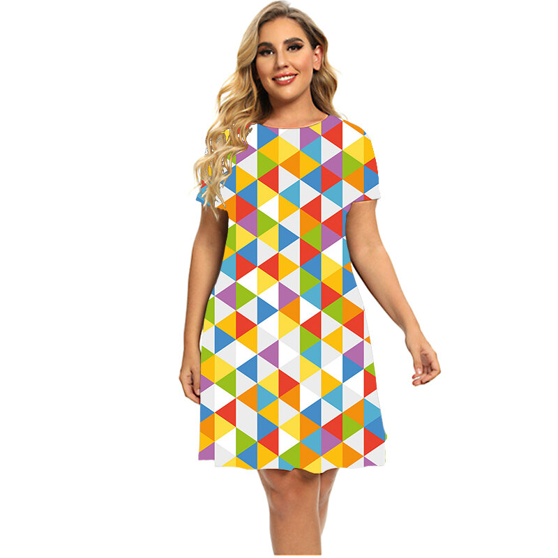 Robe colorée à imprimé géométrique 3D pour femmes, vêtements surdimensionnés, ample, manches courtes, col rond, Mini, grande taille 6XL, été