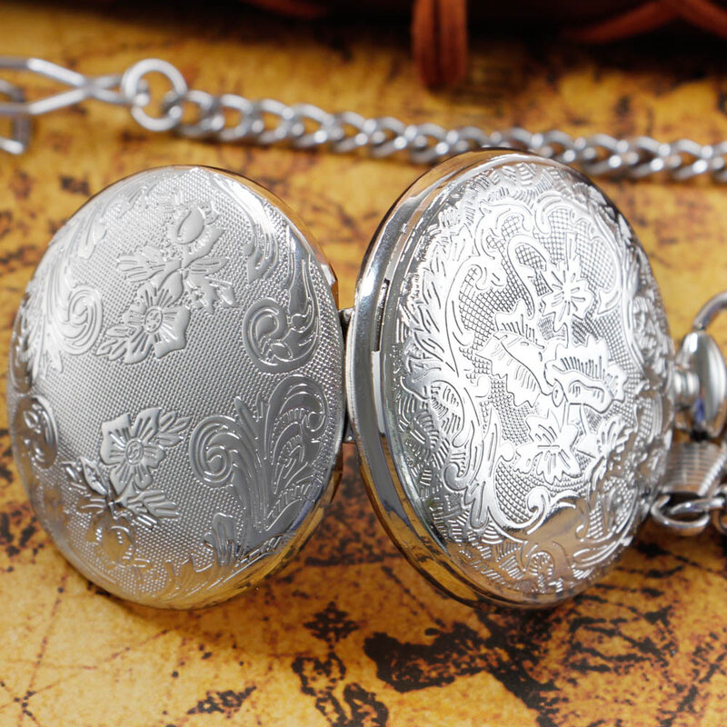 Luxury Retro Silver Quartz Pocket Watch Fashion Medieval Style Pendant Necklace Chain Jewelry Gift Clock for Men Women