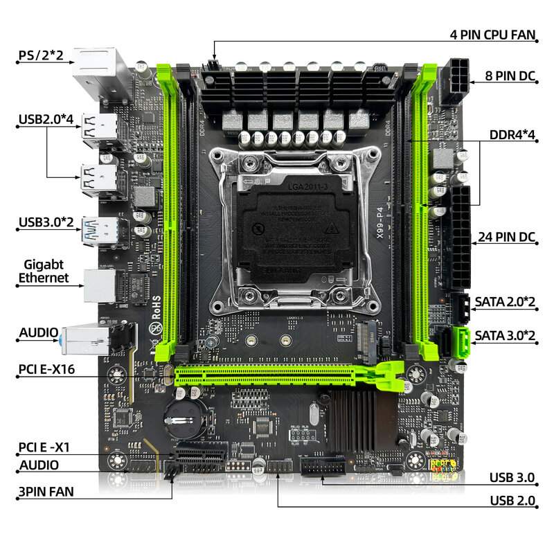 ZSUS 마더보드 세트 키트, 인텔 LGA2011-3 Xeon E5 2630 V4 CPU DDR4 16GB (1*16GB) 2133MHZ RAM 메모리 NVME M.2 SATA, X99 P4