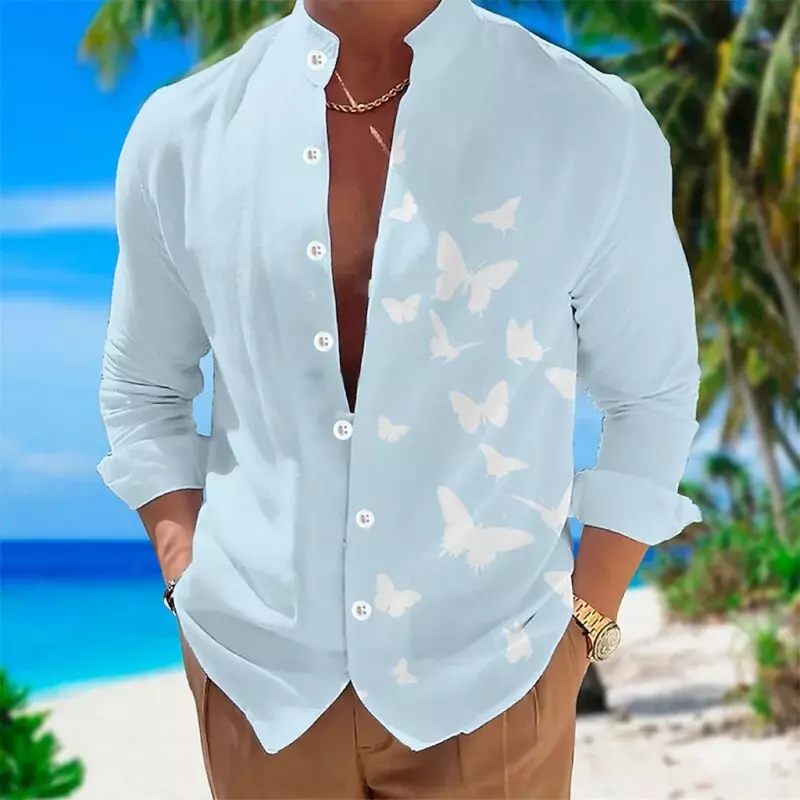 Farfalla da uomo alla moda stampata in 3D tinta unita top Hawaii leisure vacation risvolto button camicia a maniche lunghe plus size