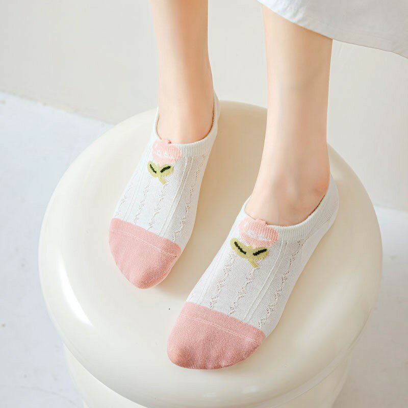 Носки женские хлопковые нескользящие, простые модные Универсальные невидимые носки-лодочки с вышивкой цветов, кроликов и мультяшных персонажей, C120