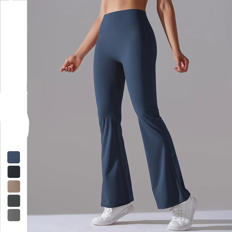 Celana Yoga warna polos untuk wanita, celana Yoga pas badan pinggang tinggi elastis latihan kaki lebar, celana kebugaran