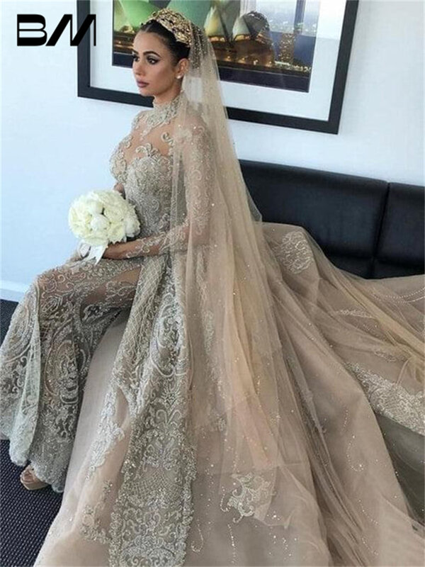 Gaun pernikahan Arab mewah dua potong, gaun pengantin mewah leher tinggi dengan kereta yang dapat dilepas, 2024 wanita