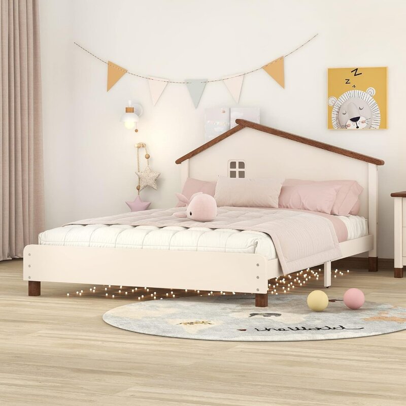 إطار سرير بمنصة خشبية للأطفال ، تجميع سهل ، كريم كامل + قواعد وإطارات من خشب الجوز ، لا حاجة إلى صندوق ربيعي