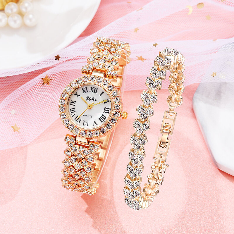 Reloj de oro rosa de lujo para Mujer, Reloj de pulsera de diamantes de cuarzo para Mujer, relojes de pulsera femeninos elegantes, conjunto de 2 piezas