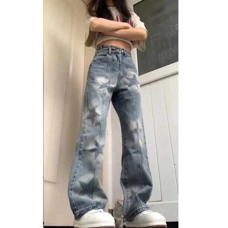 Celana Jeans Lurus Pinggang Tinggi Hiphop Amerika Tren Celana Denim Kaki Lebar Bintang Desain Baru Jalan Raya Musim Semi dan Musim Gugur Wanita