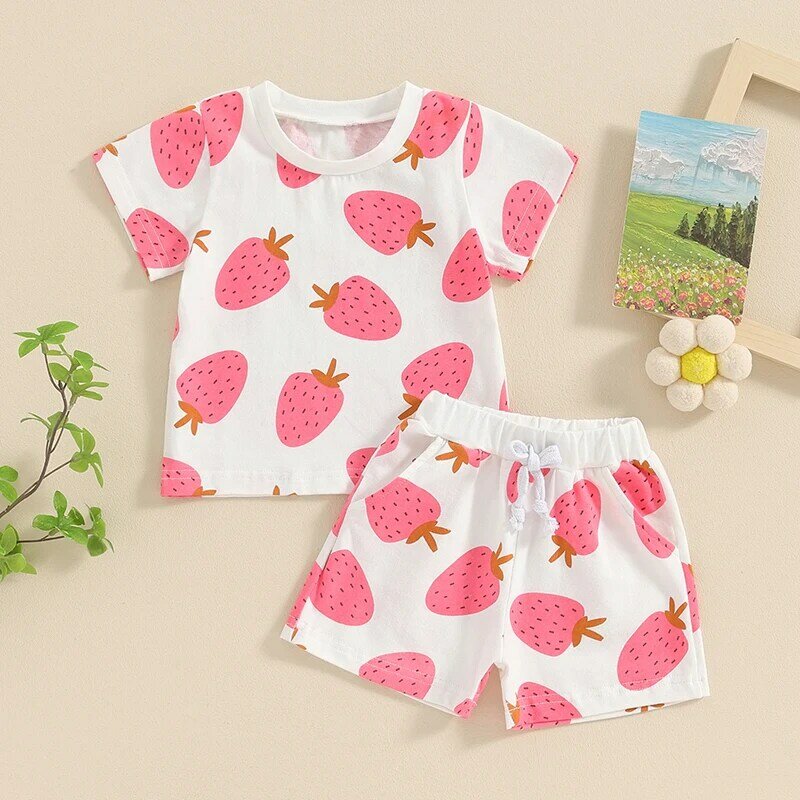 VISgogo-2-Piece Roupa estampada de morango para bebês, camiseta de manga curta e calções de cintura elástica, roupas fofas de verão