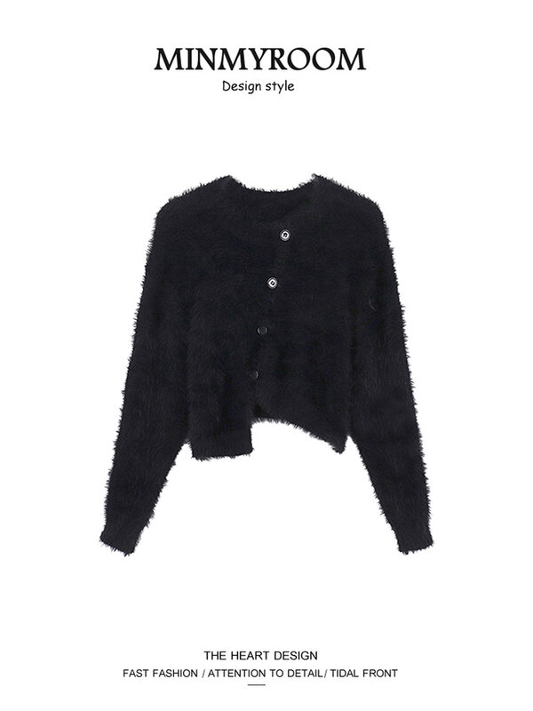 2022 Autumn New  Round Neck Sweater Korean Fashion Imitation Mink Cashmere Asymmetric Solid Color Knitted Cardigan Women