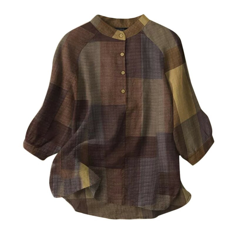 Blusa holgada informal para mujer, camisa de manga larga con estampado a cuadros, cuello redondo, Estilo Vintage, Verano