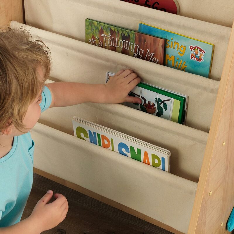 Furnitur rak buku selempang kayu dan kanvas untuk anak-anak-alami, hadiah untuk usia 3 + rak buku anak