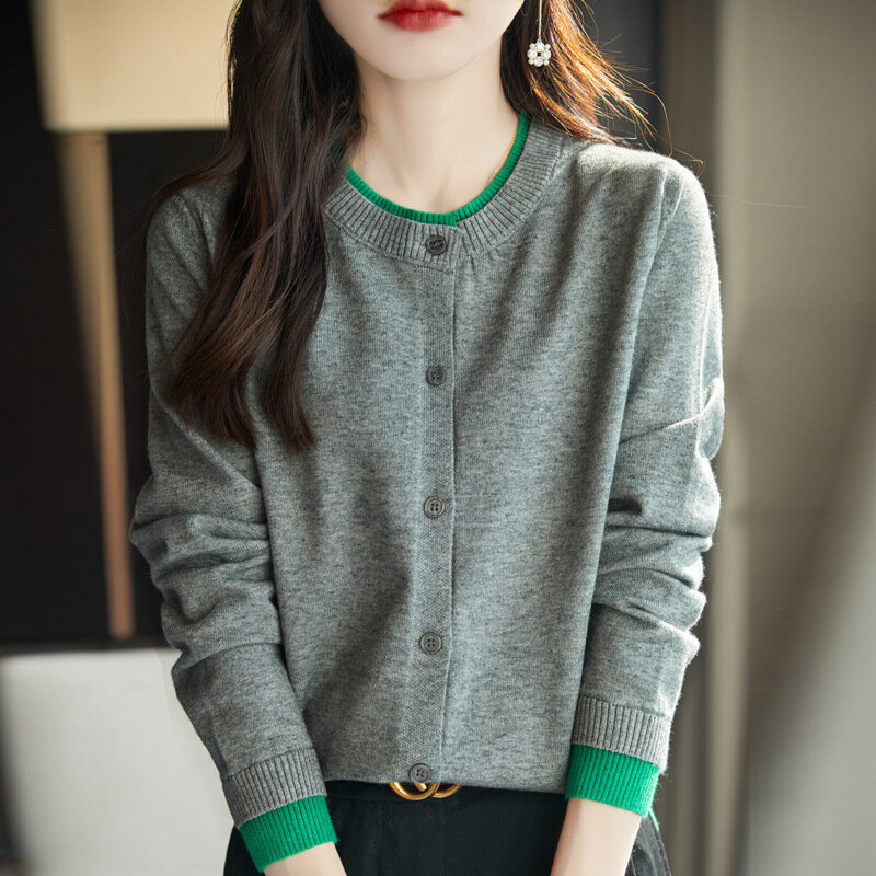 Cárdigan de suéter con diseño francés de lujo, Top en capas adelgazante, Color bloqueado