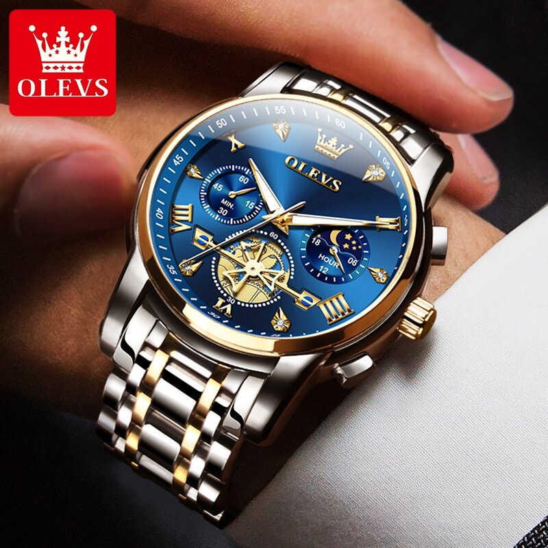 OLEVS 브랜드 럭셔리 뚜르비옹 쿼츠 시계 남성용, 스테인리스 스틸 방수 야광 패션, 24 시간 문페이즈 시계