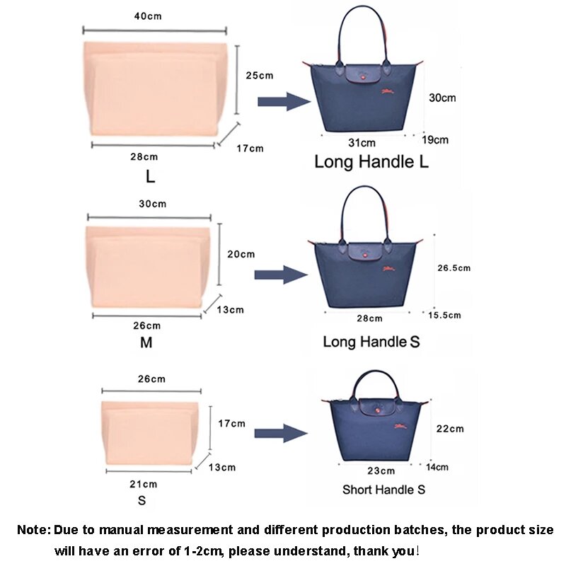Filcowa wkładka pasuje do torebki Longchamp torba z wkładami filcowa kosmetyczka podróżna przenośna wkładka torebka Organizer