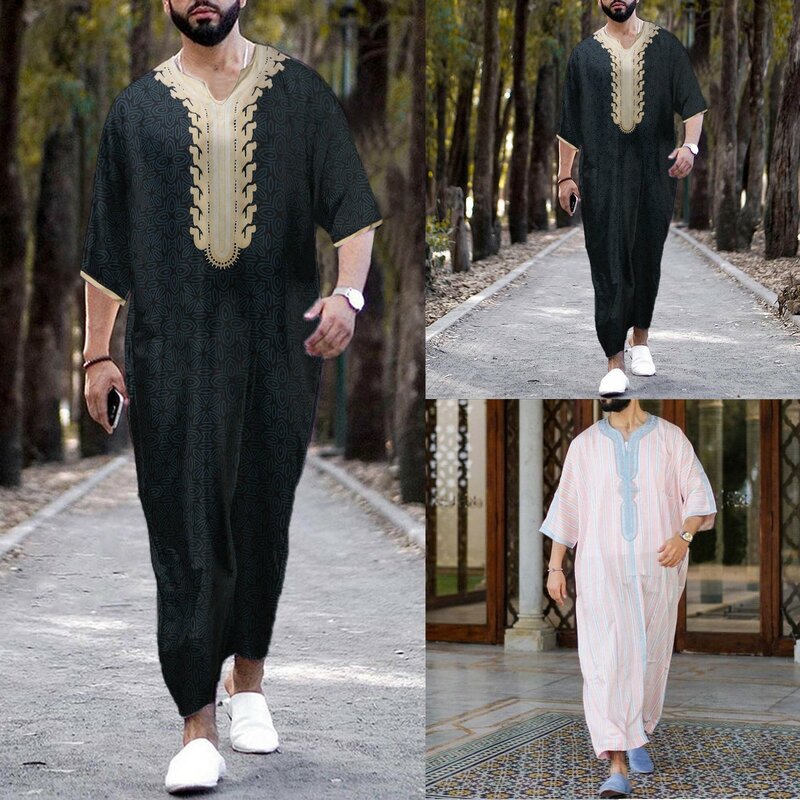 Männer kurz ärmel ige muslimische Kleidung arabische ethnische Retro-Stil V-Ausschnitt Patchwork bedruckte Overalls muslimische Robe islamische Kleidung