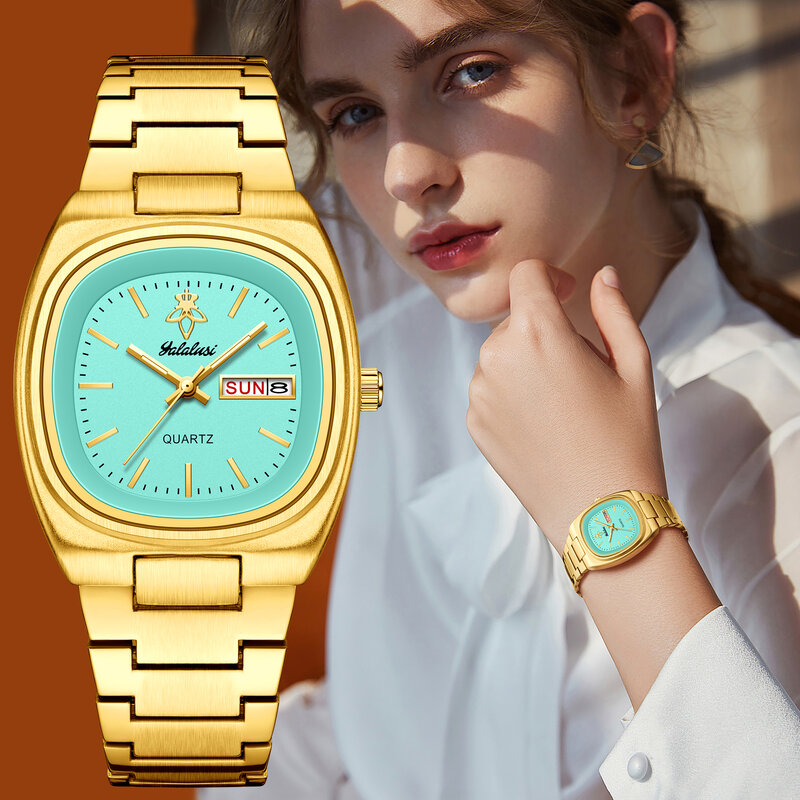 Оригинальные женские кварцевые наручные часы YaLaLuSi, популярный бренд, функция двойного календаря, Золотая деловая элегантная коробка для часов с ионным покрытием