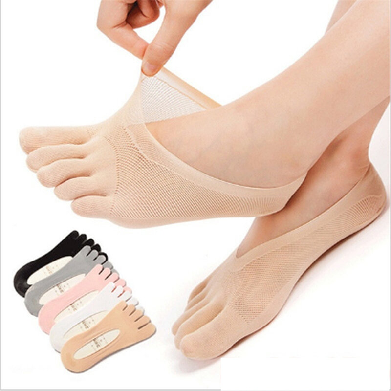 Calcetines de cinco dedos para mujer, medias invisibles con silicona, antideslizantes, transpirables, antifricción, verano, 5 pares