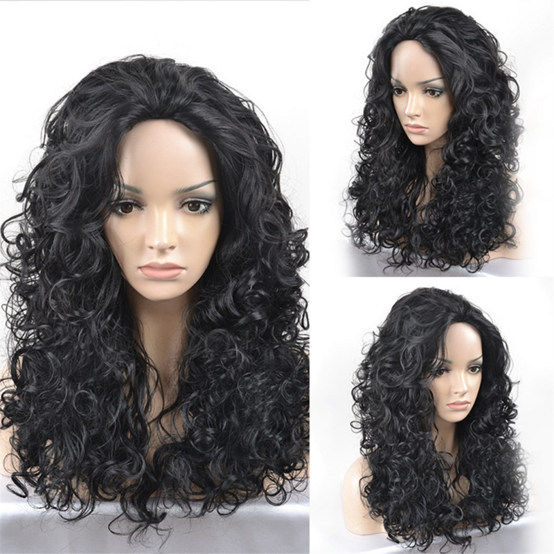 European and American Style Chemical Fiber Wig Long Curly Hair Black Wool Curly Medium Wig
