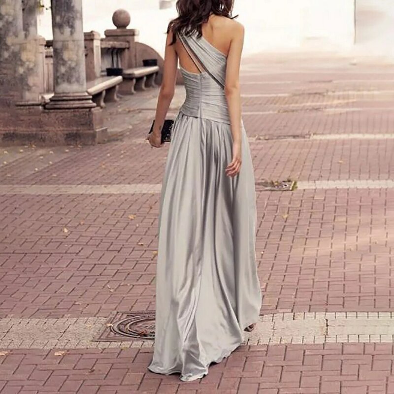Asymmetrical One Shoulder Sleeveless Pleated High Slit Floor Length Prom Evening Gown Vestido de Fiesta