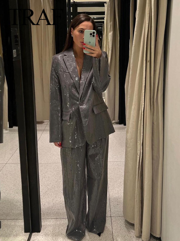TRAF 2023 Winter Woman's Fashion Chic Suits Turn Down Collar Long Sleeve Sequins Silver Blazer+ High Waist Long Pants Streetwear
