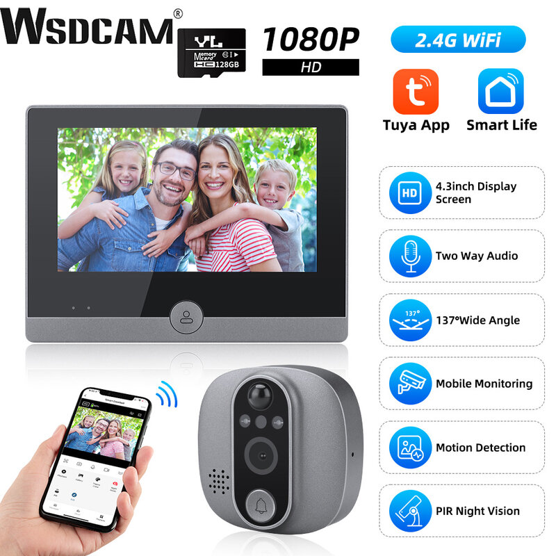 Wsdcam WiFi 4,3-дюймовый ЖК-глазок камера ночного видения дверной звонок Смарт PIR запись глазок дверной звонок 137 ° Широкий угол