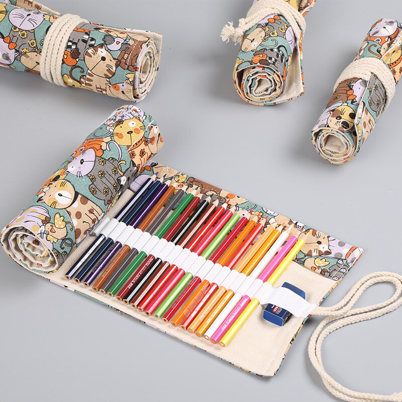 12-72 fori Cartoon Cat Canvas Pen Curtain borsa per matite di grande capacità borsa per cancelleria custodia per penne per bambini materiale scolastico per studenti