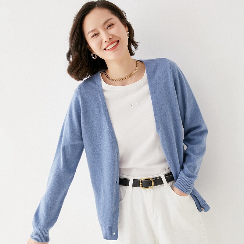 Casaco de lã feminino primavera e verão novo temperamento all-match 100% lã camisola tendência com decote em v high-end solto manga comprida