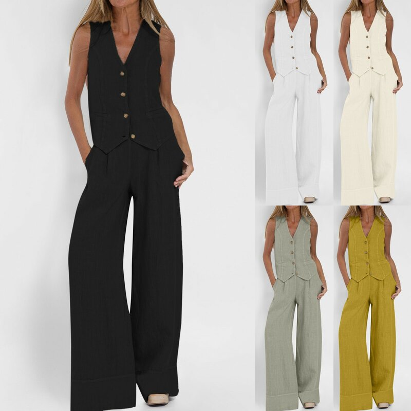 Women's 2 Piece Cotton Casual Outfits Womens Button Sleeveless Vest Shirt Straight Wide Leg Sweat Pants And Tops for Women